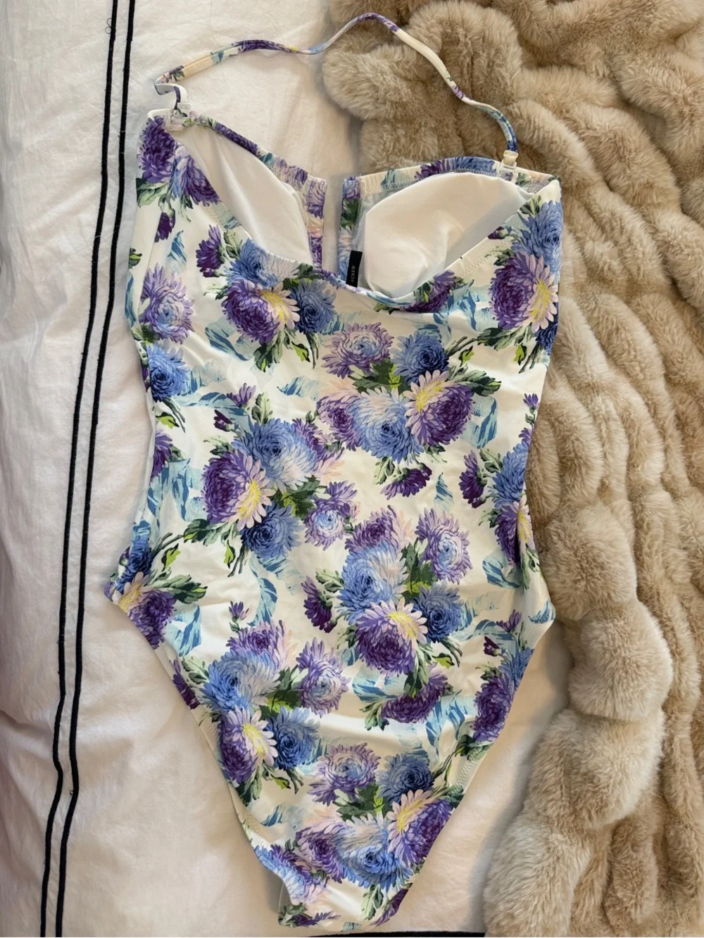 J. Crew White One-Piece Swimsuit with Purple and Blue Floral Print